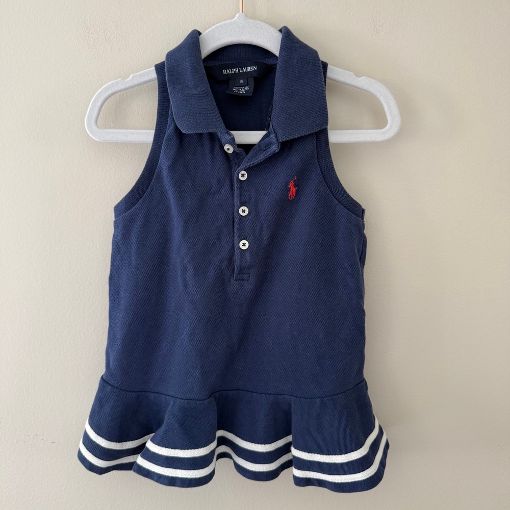 Ralph Lauren Girls Navy Blue Sleeveless Ruffle Hem Polo TOP Size 5 Nautical